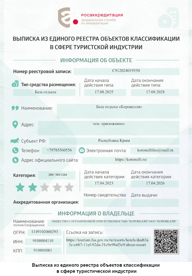 Выписка из единого реестра объектов классификации в сфере туристической индустрии